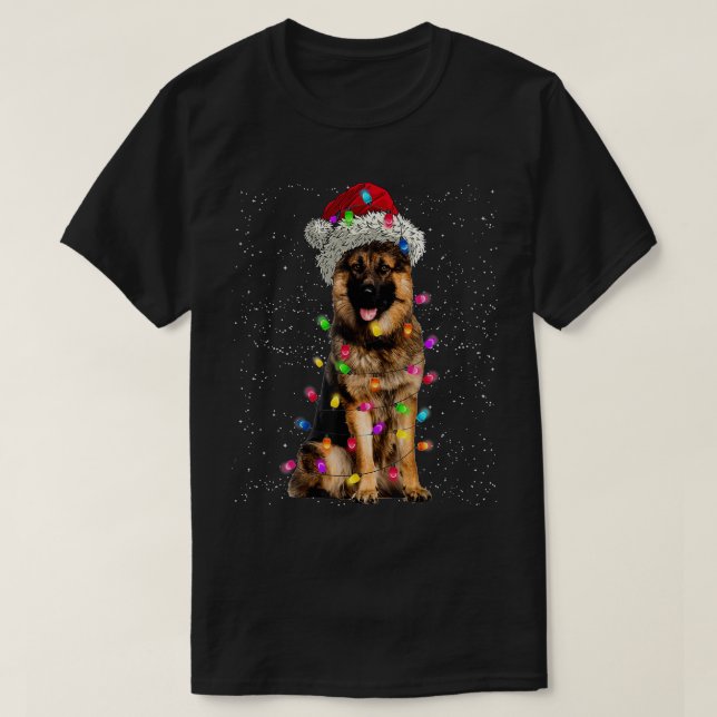 Merry Christmas German Shepherd Santa Hat Lights X T-Shirt (Design Front)