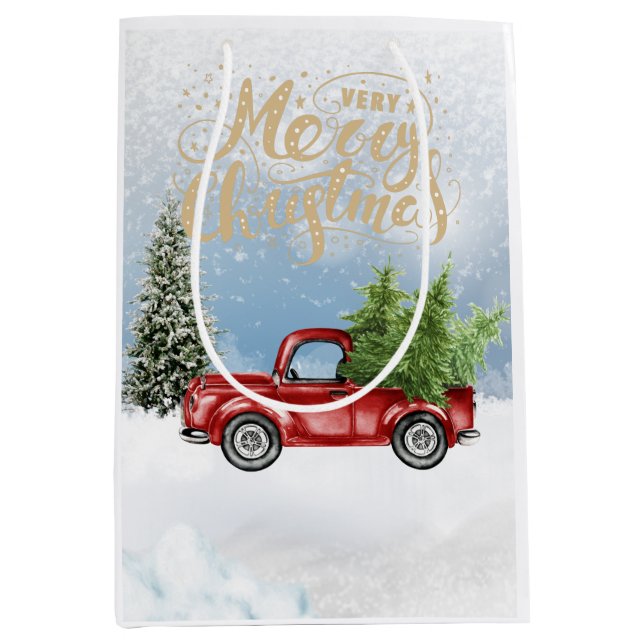 Merry Christmas Gift Bag with Vintage Red Truck (Front)