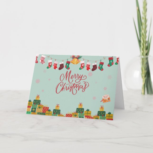 Merry Christmas Gift Boxes and Stockings  Card (Front)