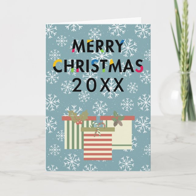 Merry Christmas Gift Boxes Snowflakes Holiday Card (Front)
