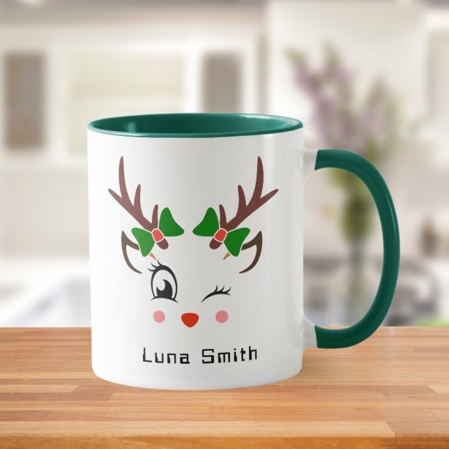 Merry Christmas Gift Cute Deer Faces Green Coffee Mug (Creator Uploaded)