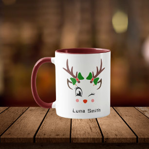 Merry Christmas Gift Cute Deer Faces Maroon Coffee Mug