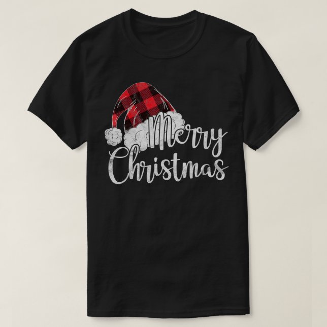 Merry Christmas Gift Cute Plaid Santas Hat Funny W T-Shirt (Design Front)