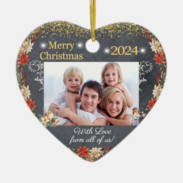 Merry Christmas Gift Family Photo Heart Ornament (Front)