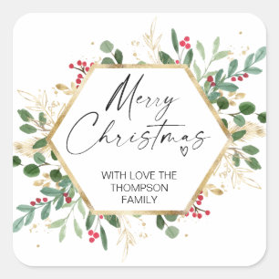 Merry Christmas Gift Green Red Wreath Stickers