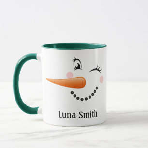Merry Christmas Gift Happy Snowman Face Green Mug