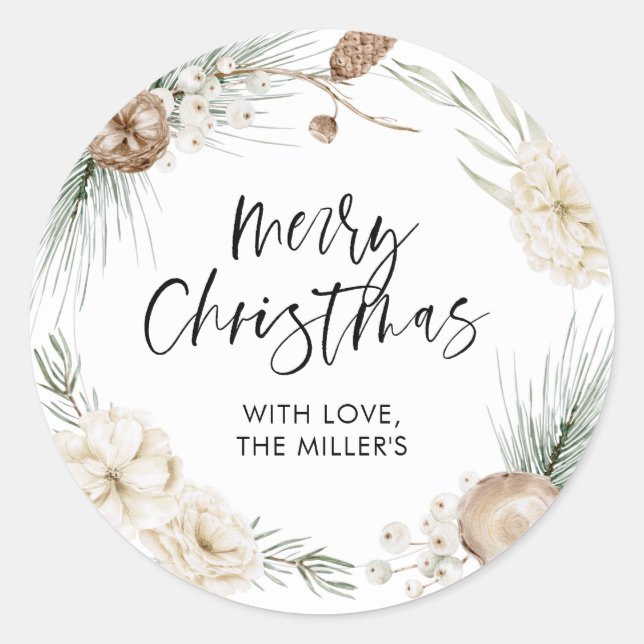 Merry Christmas Gift Label Greenery Round Sticker (Front)