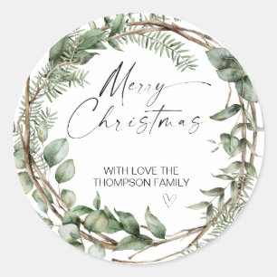 Merry Christmas Gift Label Greenery Wreath Sticker