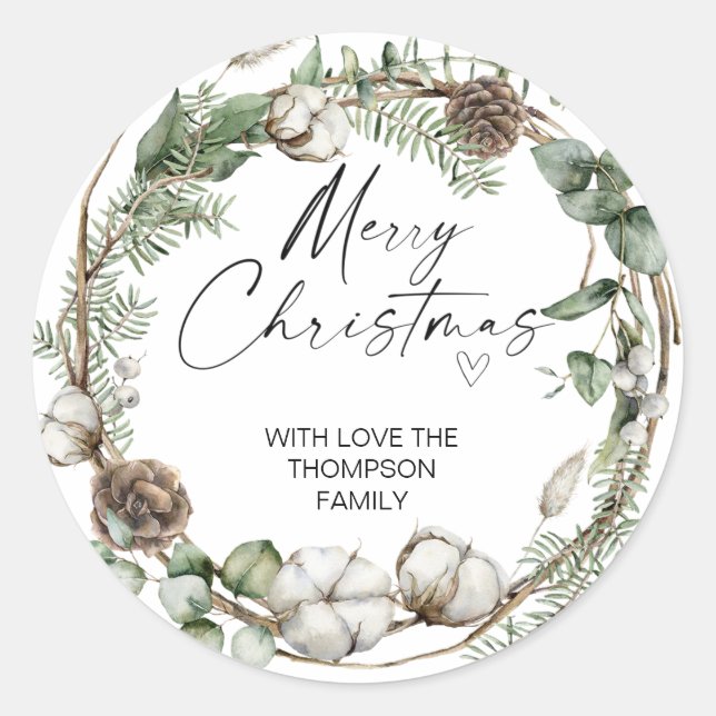 Merry Christmas Gift Label Greenery Wreath Sticker (Front)