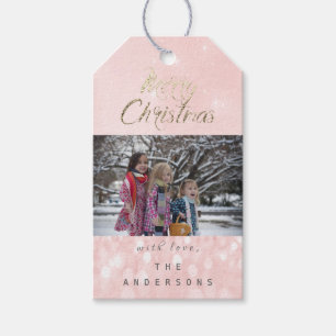 Merry Christmas Gift Photo Gold Pink Snowflakes Gift Tags