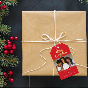 Merry Christmas Gift Photo Red Gold Snowflakes Gift Tags