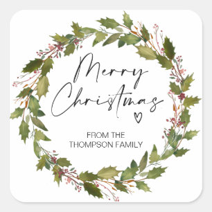 Merry Christmas Gift Tag Red Holly Wreath Stickers
