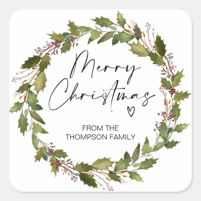 Merry Christmas Gift Tag Red Holly Wreath Stickers (Front)