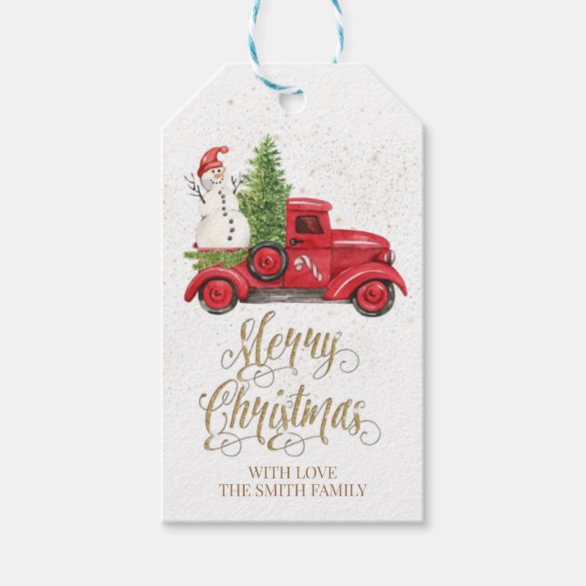 Merry Christmas Gift Tag, Red Truck Hang Tag (Front)
