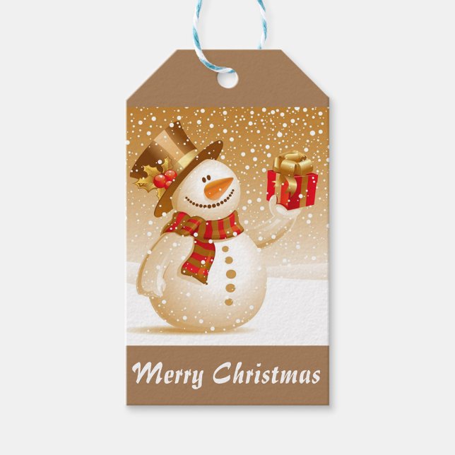 Merry Christmas Gift Tags (Illustration of a Christmas tag with a snowman wearing a brown hat with holly berries.)