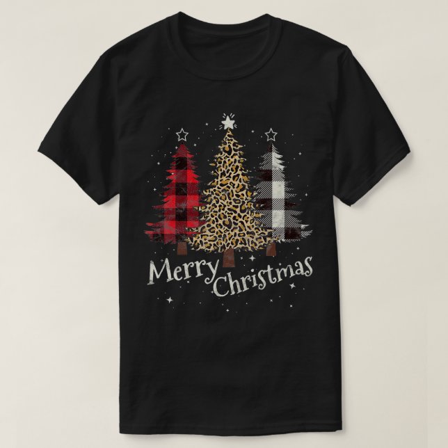 Merry Christmas Gift Three Xmas Trees Buffalo Plai T-Shirt (Design Front)