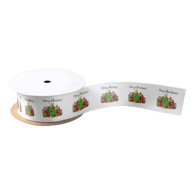Merry Christmas Gifts Around The Tree Satin Ribbon (Spool)