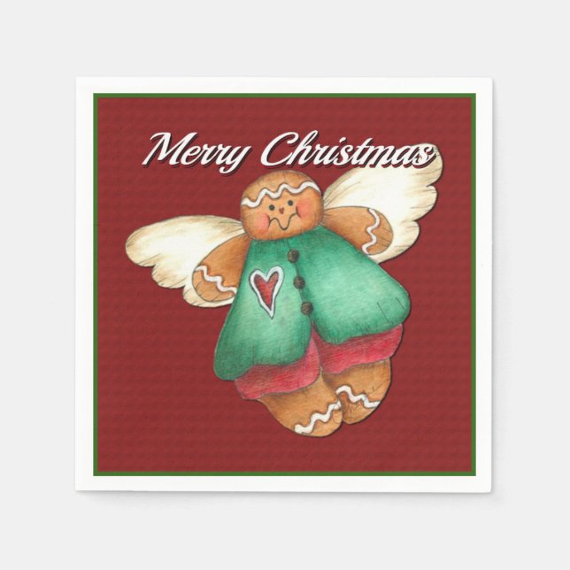 Merry Christmas Gingerbread Angel Red Napkins (Front)