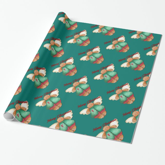 Merry Christmas Gingerbread Angel Wrapping Paper (Unrolled)