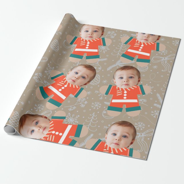 Merry Christmas Gingerbread Custom Face Funny Wrapping Paper (Unrolled)