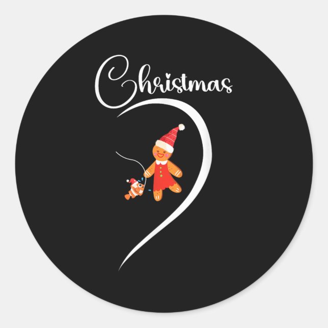 Merry Christmas Gingerbread Fishing Lover Couple C Classic Round Sticker (Front)
