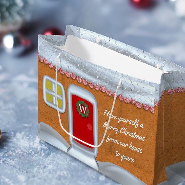 Merry Christmas Gingerbread House Custom Holiday Large Gift Bag (Have yourself a Merry Christmas! Just add your initial to the wreath and maybe add a festive note)