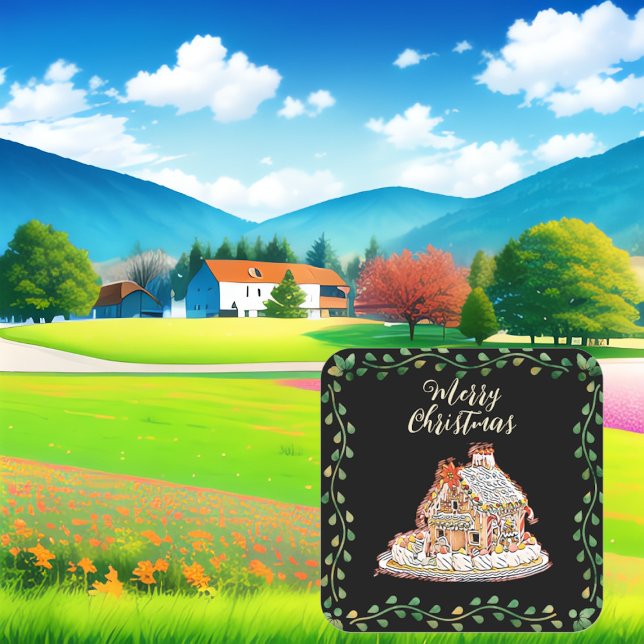 Merry Christmas Gingerbread House Green Wreath Square Sticker (Merry Christmas Gingerbread House Green Wreath Square Sticker)