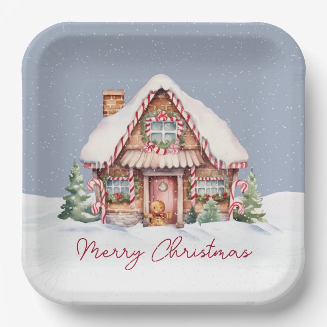 Merry Christmas Gingerbread House Paper Plate (Front)