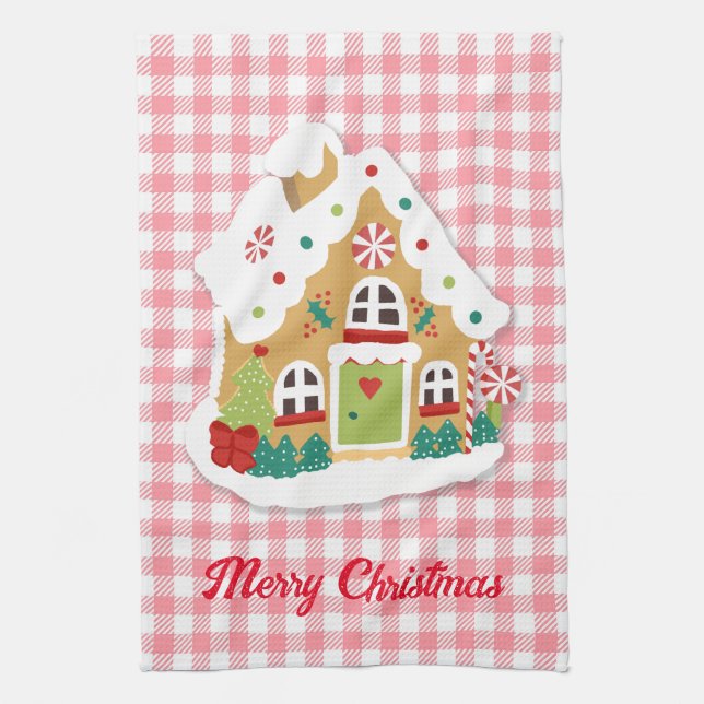 Merry Christmas Gingerbread House Pink Gingham  Tea Towel (Vertical)