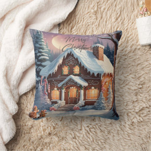 Merry Christmas Gingerbread House Snow Vintage Cushion