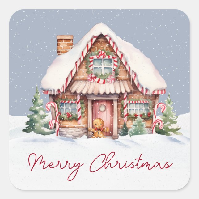 Merry Christmas Gingerbread House Square Sticker (Front)