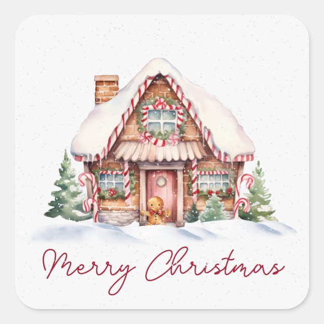 Merry Christmas Gingerbread House Square Sticker (Front)
