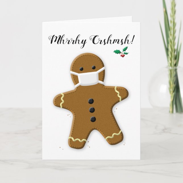 Merry Christmas Gingerbread Man with Face Mask Holiday Card (Front)