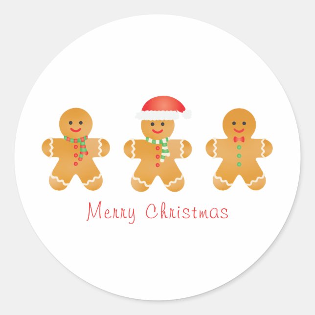Merry Christmas Gingerbread Men Santa Hat Classic Round Sticker (Front)