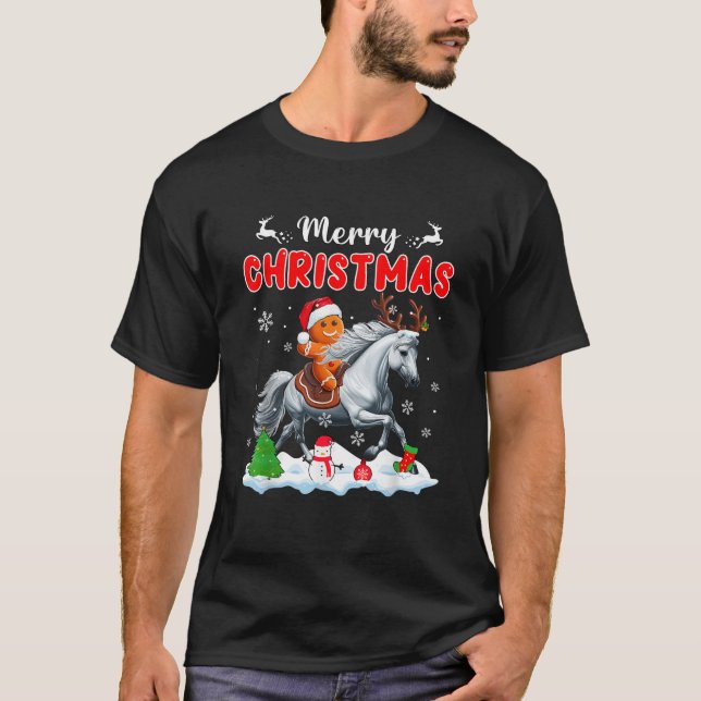 Merry Christmas Gingerbread Riding Horse Reindeer  T-Shirt (Front)