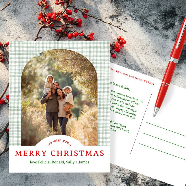 MERRY CHRISTMAS Gingham Holiday CUSTOM Arch PHOTO Postcard (MERRY CHRISTMAS Gingham Holiday CUSTOM Arch PHOTO Postcard
)
