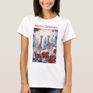 Merry Christmas Giraffes In A Snowy Forest T-Shirt