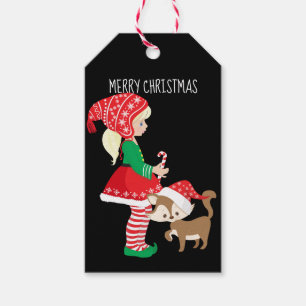 Merry Christmas Girl Elf and Christmas Cat Gift Tags