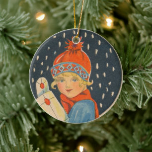 Merry Christmas - girl, old Swedish vintage Ceramic Tree Decoration