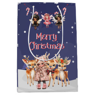 Merry Christmas Girl Reindeer Candy Cane Fairies Medium Gift Bag