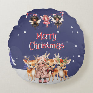 Merry Christmas Girl Reindeer Candy Cane Fairies Round Cushion
