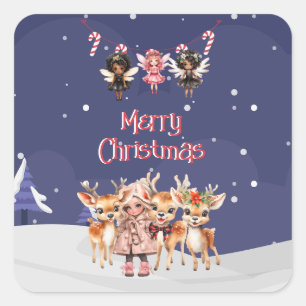 Merry Christmas Girl Reindeer Candy Cane Fairies Square Sticker