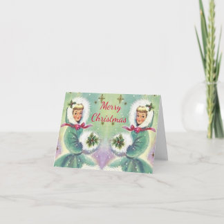 Merry Christmas Girls in Blue Coats Vintage Card