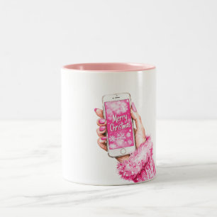 Merry Christmas Girly Glam Pink Nails Two-Tone Coffee Mug