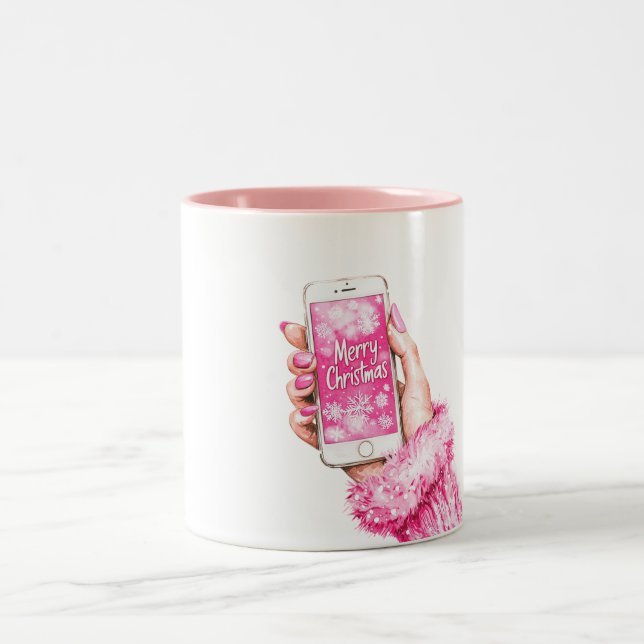 Merry Christmas Girly Glam Pink Nails  Two-Tone Coffee Mug (Center)