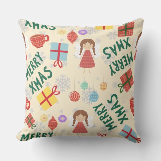 Merry Christmas girly pink background with present Cushion (Front)