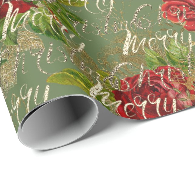 Merry Christmas Glitter Bauble Gold Red Rose Mint Wrapping Paper (Roll Corner)