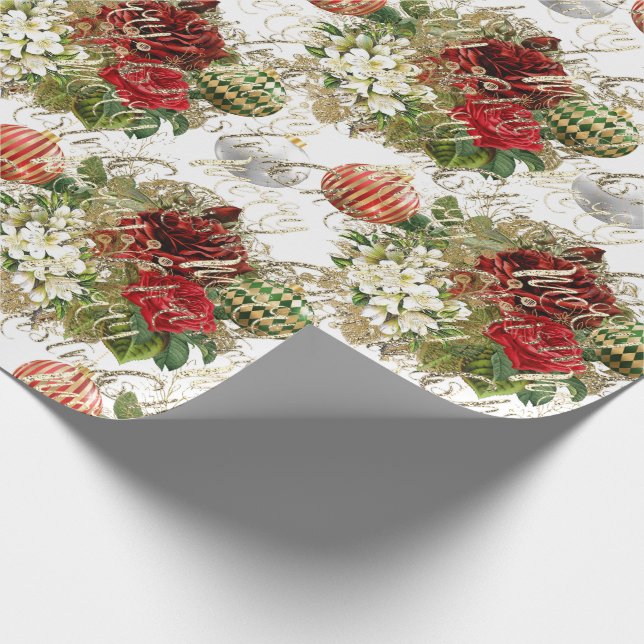 Merry Christmas Glitter Baubles Gold Red Rose Lux Wrapping Paper (Corner)