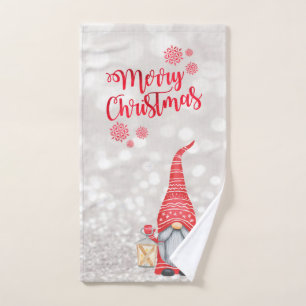 Merry Christmas,Glitter Bokeh,Cute Gnome Bath Towel Set