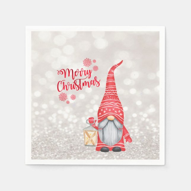 Merry Christmas,Glitter Bokeh,Cute Gnome  Napkin (Front)
